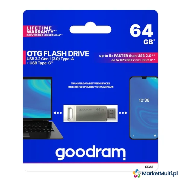 Pendrive 64GB dwa złącza USB 3.2 + USB-C OTG ODA3 srebrny
