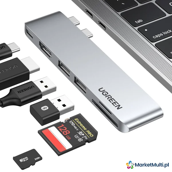 Rozdzielacz portów HUB MacBook Air Pro 2x USB-C HDMI 2x USB 3.0 SD TF PD szary